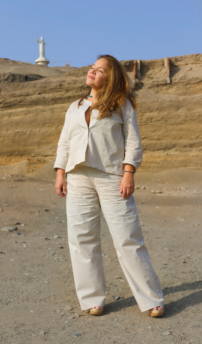 Bahama Set Beige Pin Tuck Blouse and Wide Pants